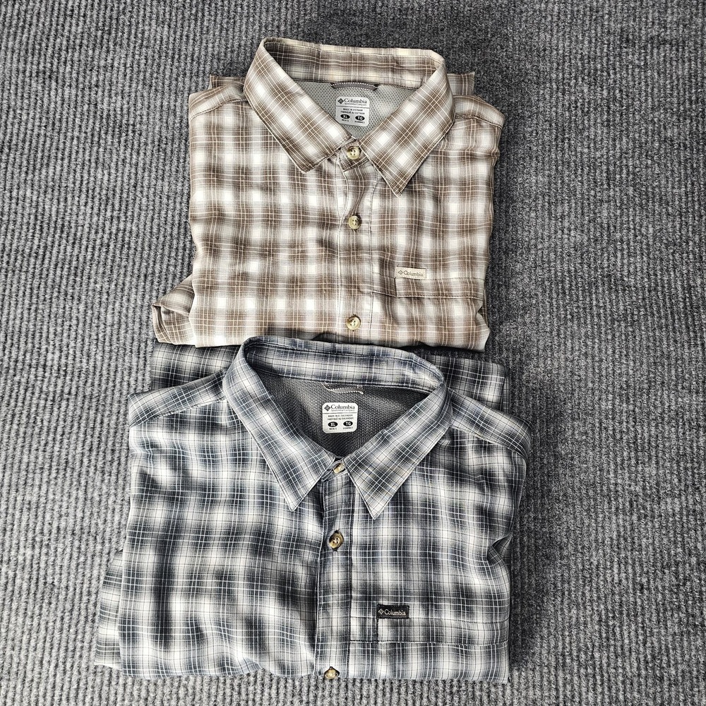 Columbia Shirt Mens XL Brown Gray Plaid Long Sleeve Button Front Lot 2 Casual‎